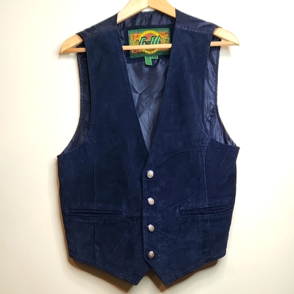Navy Blue Suede Vest with Silver Buttons Men's - Picture 1 of 6